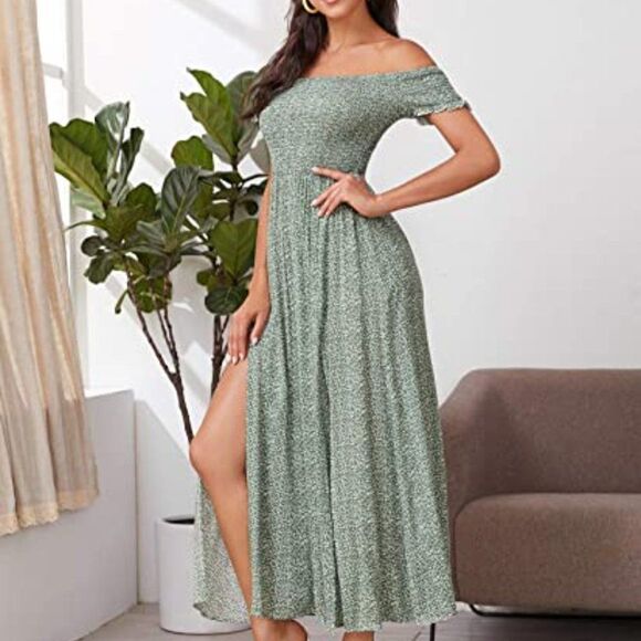 Floerns Women's Boho Floral Print Off Shoulder Split Long A Line Dress - Picture 3 of 6